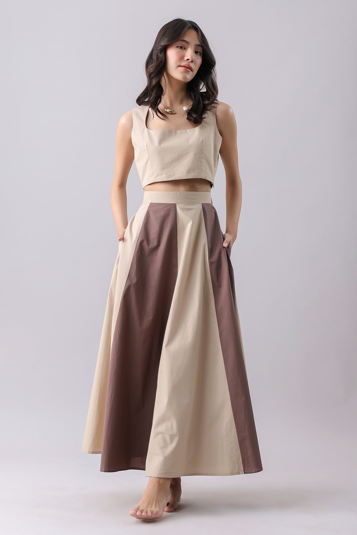 Buy Brown Crop Top & Flared Skirt by Why Look West for women online at ScrollnShops